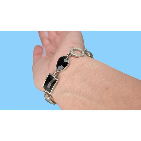 Lia Sophia Party On Silver-Tone Bracelet With Black & Clear Crystals Statement - Picture 8 of 8